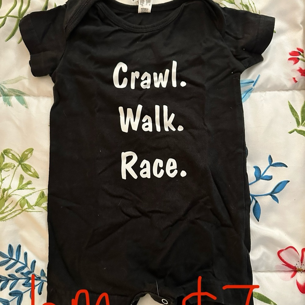 6m black “crawl walk race” black short sleeve romper